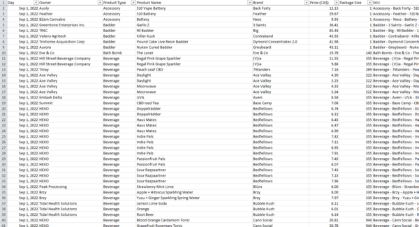 Excel screenshot of September 2022 sample of data